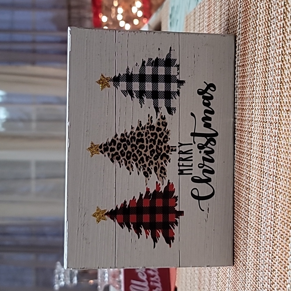 Merry Christmas Wooden Sign Leopard Buffalo Check, NWOT